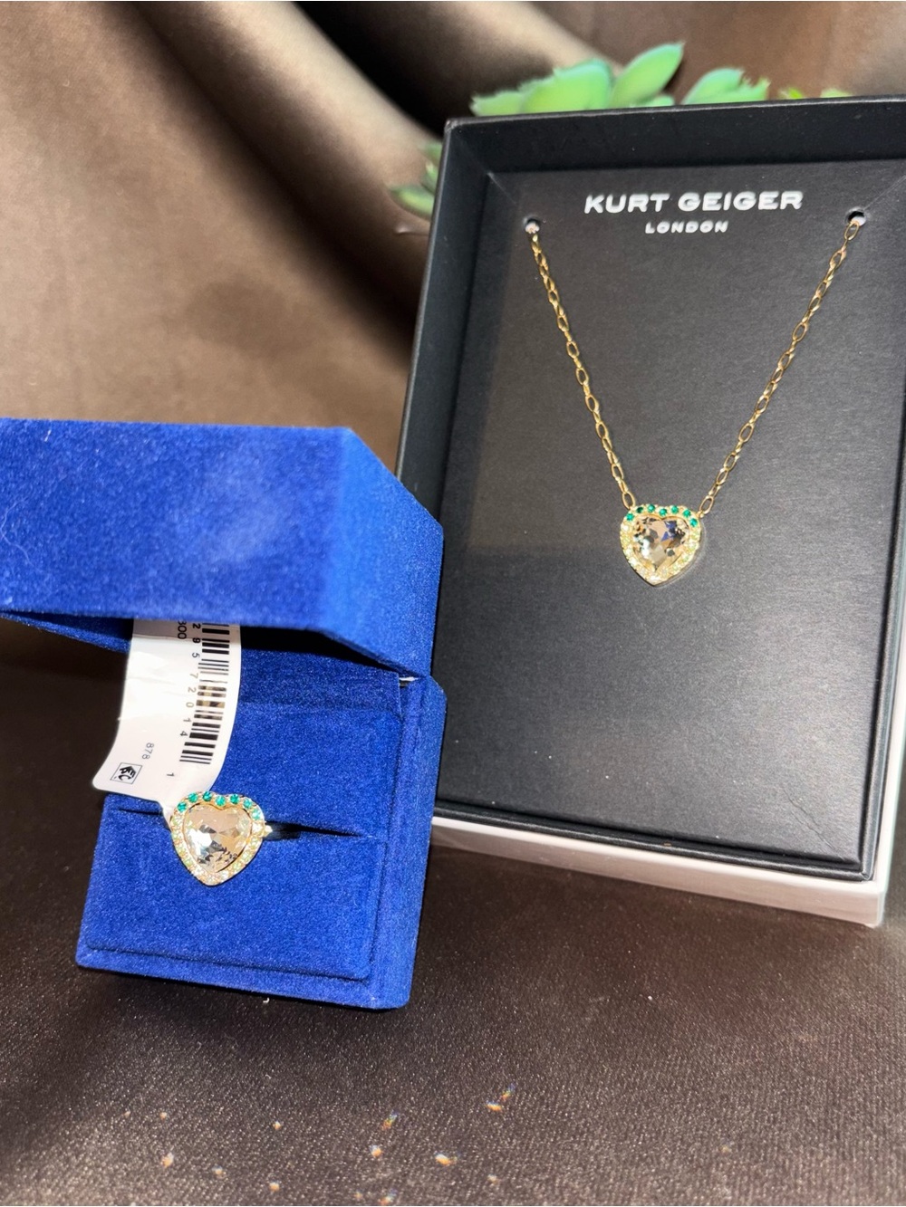 Kurt Geiger Gold Heart Necklace and Ring Set with Green Accents and Clear Stones